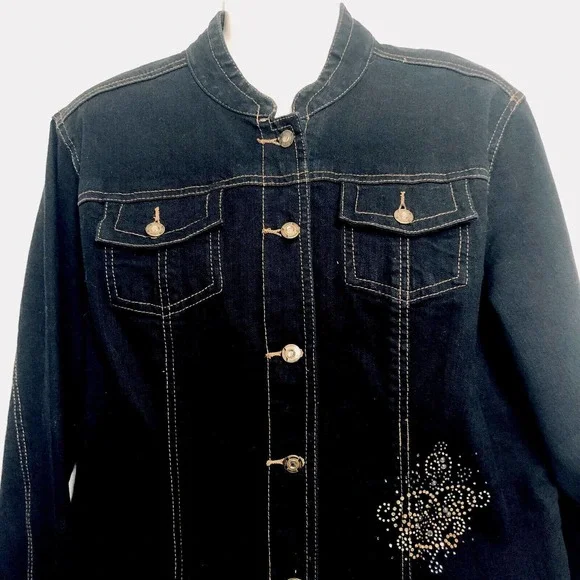 Chicos Platinum Blue Denim Jacket Gold Silver Studded Stretch L - Picture 7 of 10